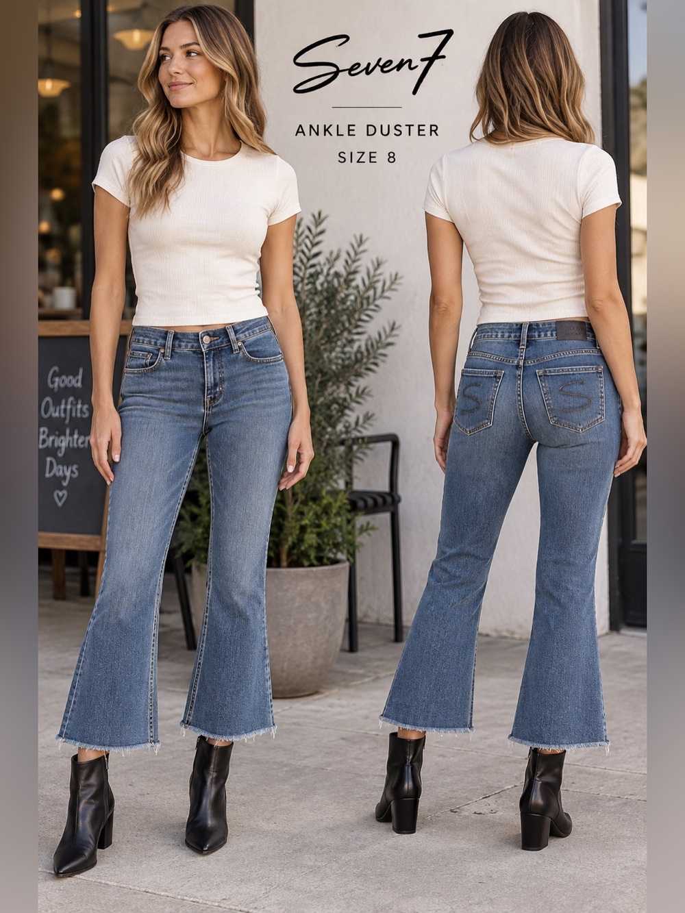 Seven7 Ankle Duster Jeans Womens 8 Flare Raw Hem Medium Wash Stretch y2k casual